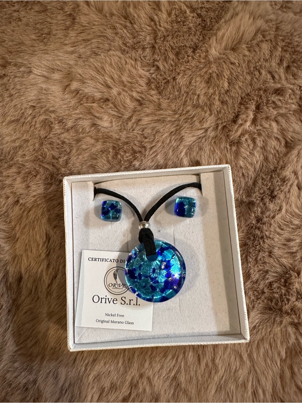 Blue Murano Glass Pendant Necklace and Stud Earrings Set
